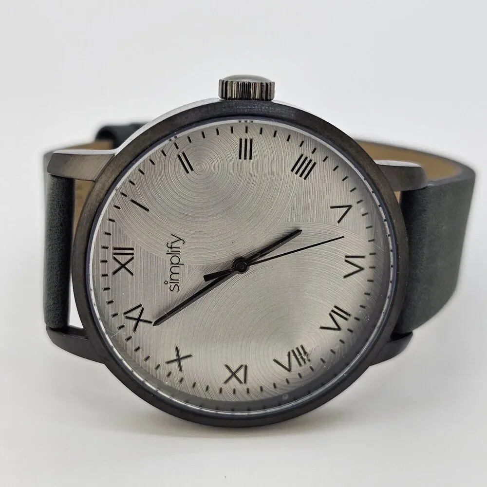 Men's Simplify Watch 42MM Roman Numerals Black Case Gray Dial Leather Bands Work